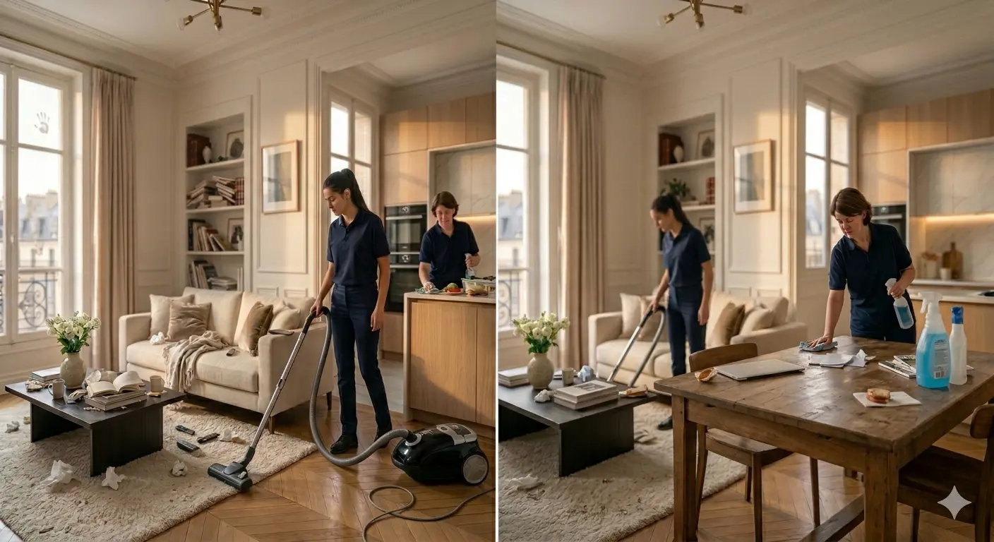 Équipe de nettoyage en intervention dans un appartement parisien